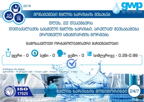GWP: 22 დეკემბერს თბილისს ხარისხიანი სასმელი წყალი მიეწოდება   